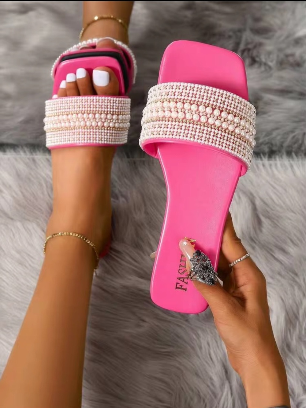 Bead Embellished Flat Slip On Sandals